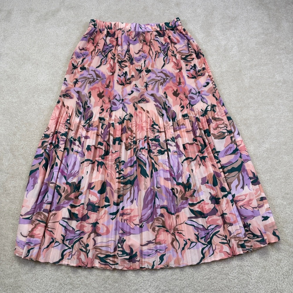 NWT Misook Floral Print Pleated Crepe De Chine Maxi Skirt Womens XS Pink Purple